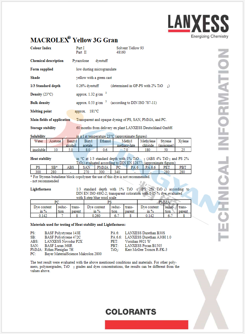 朗盛耐高溫染料3G黃數(shù)據(jù)表